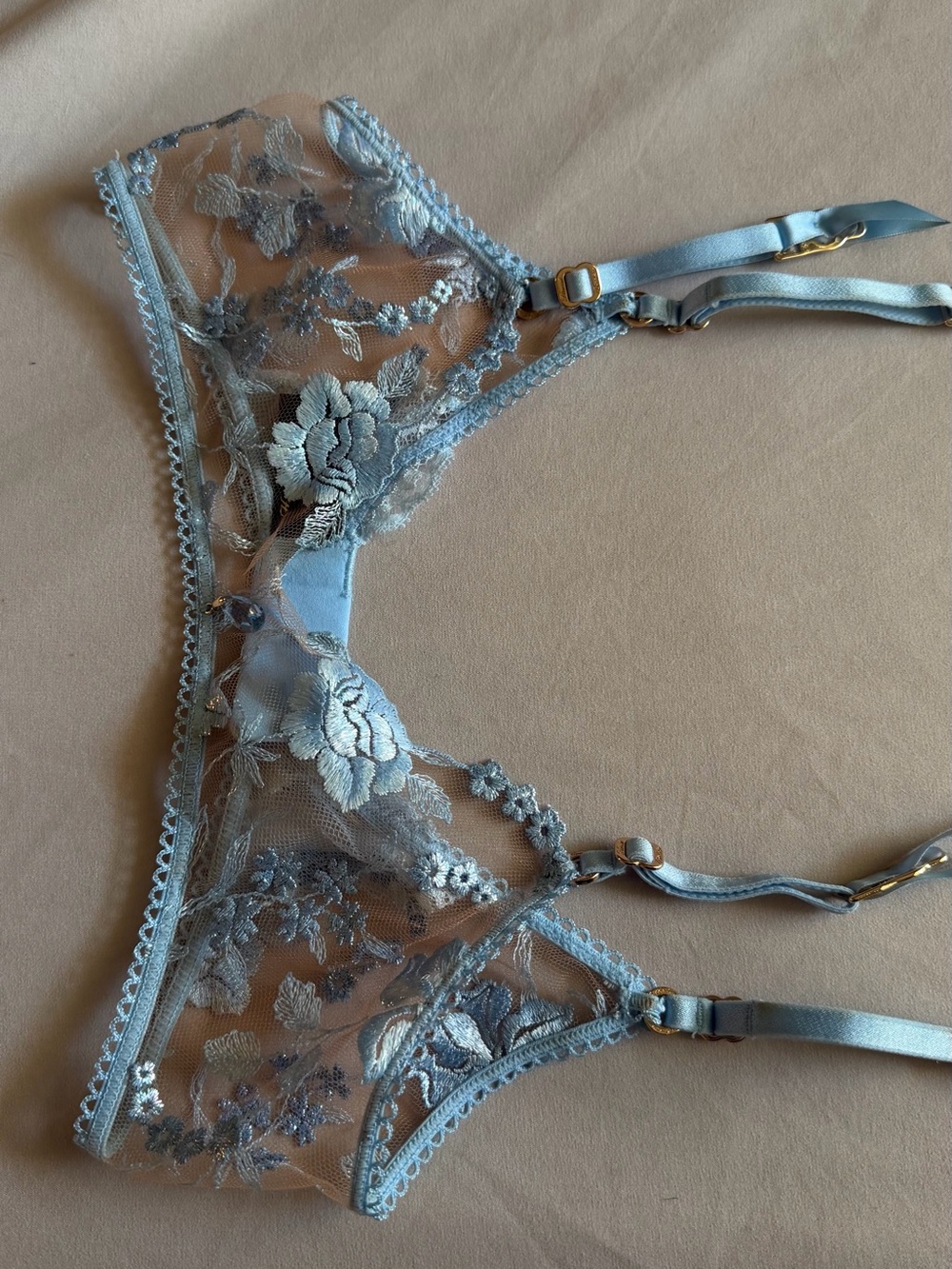 Honey Birdette Sheer Embroidered Lace Whitney Garter - Light Blue